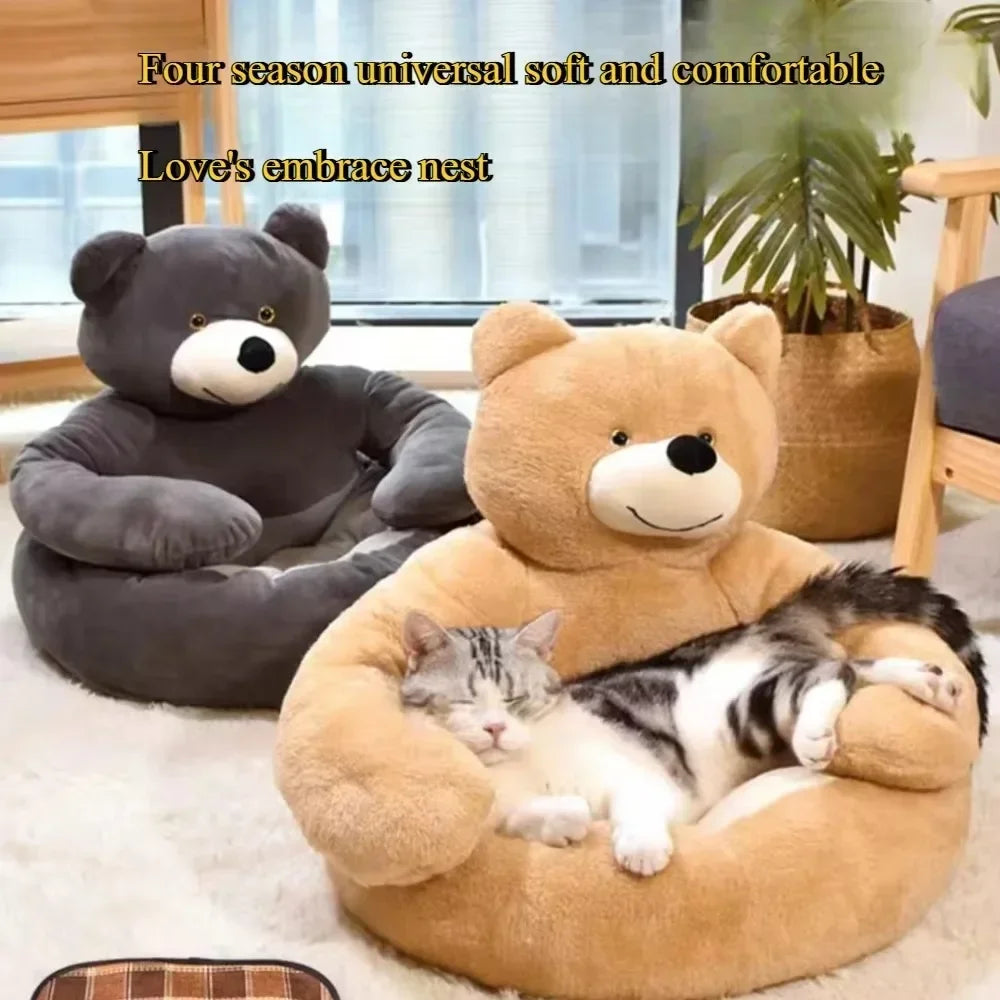 Semi Enclosed Bear Pet Dog Bed Comfortable and Warm Teddy Bear Style Winter Pet Bed Super Soft and Simple Teddy Bear Plush Bed