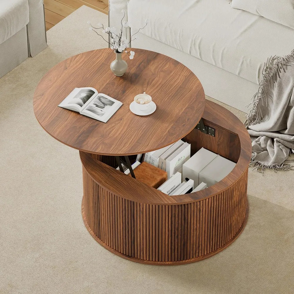 "Round Fluted Lift-Top Coffee Table with Storage for Farmhouse Style Living Room and Dining Area"