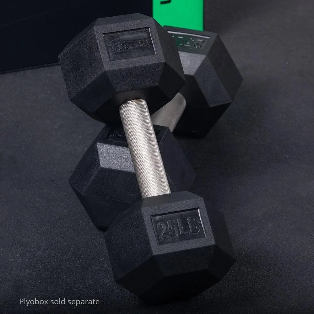 Titan Fitness 25 LB Pair Free Weights, Black Rubber Coated Hex Dumbbell, Straight Stainless Steel Handle, Strength Training, Ful