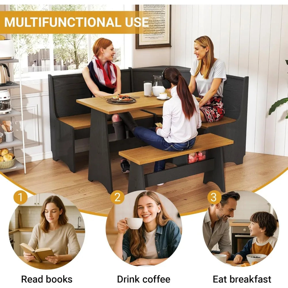 Space-Saving L-Shaped Breakfast Nook Set for 3-4 Seats with Hidden Storage - Corner Kitchen Dining Table and Bench Set in Farmho