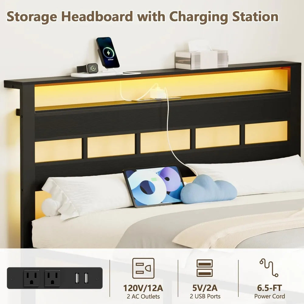 Queen Size Metal Bed Frame with Storage Headboard, LED Lights, Charging Station, and USB Ports