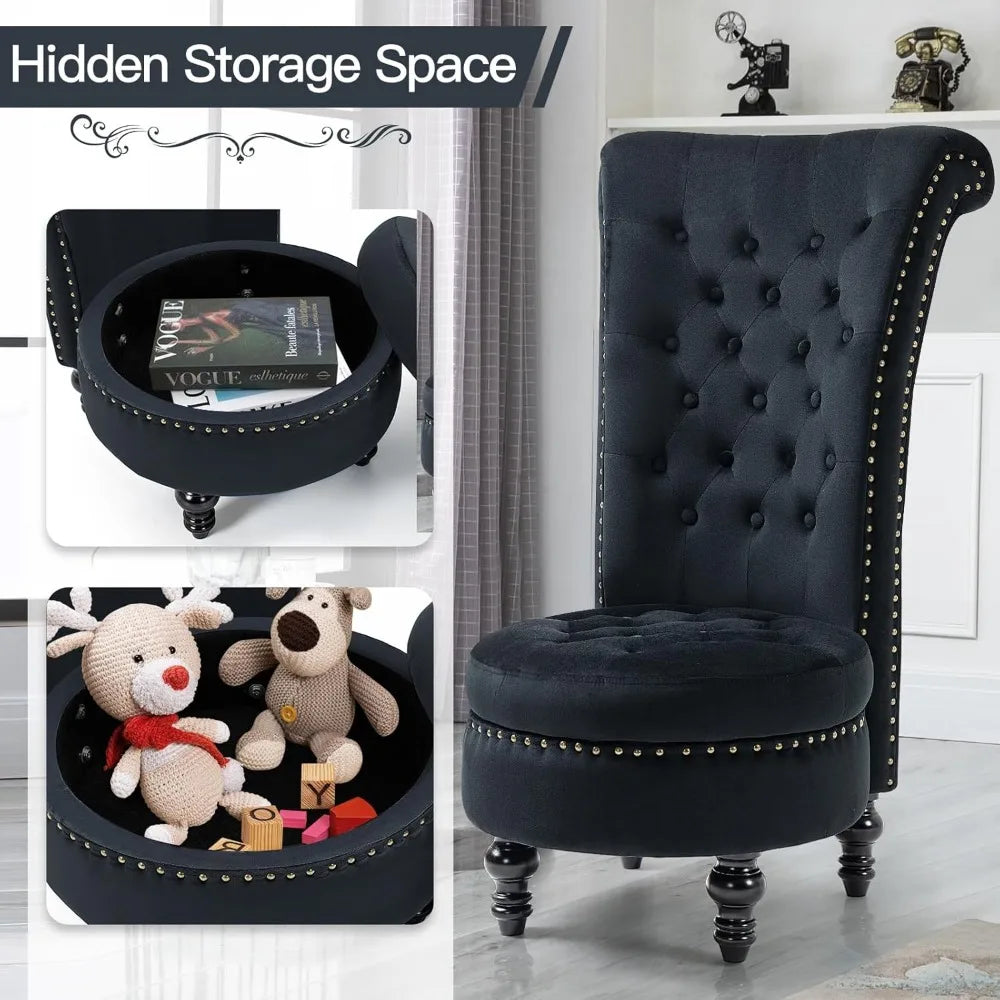 AVAWING High Back Throne Chair, Velvet Armless Royal Accent Chair w/Storage, Nailhead Trim & Rubberwood Legs for Living Room & B