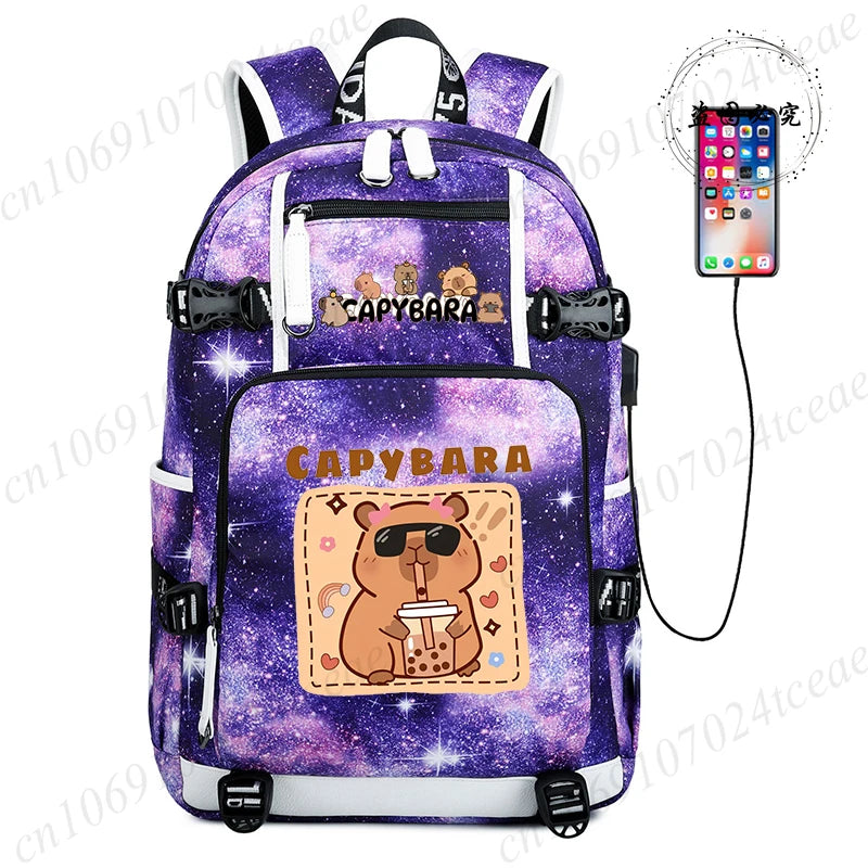 15.6 Inch Student Backpacks Japanese Large-capacity Backpack Girl Boys Simple Versatile Backpack Capibara Anime Usb School Bags