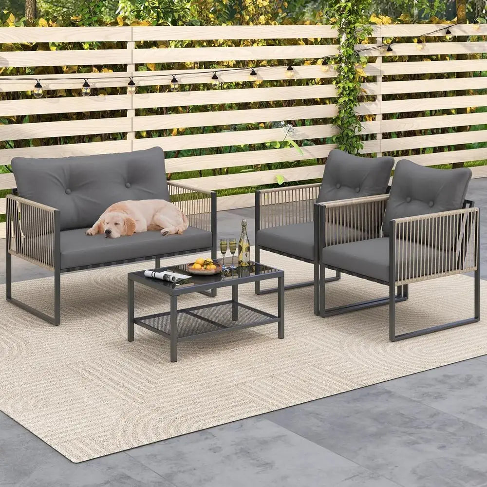 Grey Outdoor PE Rattan Sofa Set with Cushions and 2-Tier Glass Table for Patio, Garden, Balcony