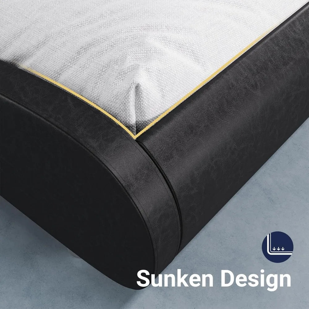 Allewie Upholstered Queen Size Platform Bed Frame Modern Low Profile Sleigh Bed with Faux Leather Adjustable Headboard, Wood Sla