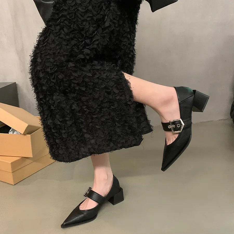 Female New 2024 Footwear Heels Women Pumps Shallow Shoes Pointed Toe Fashion Metal Buckle Strap Ladies Thick Heels Shoes