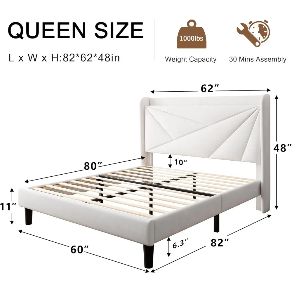 Queen Size Bed Frame with Upholstered Headboard, Storage and Charging Station, Wood Slat Support
