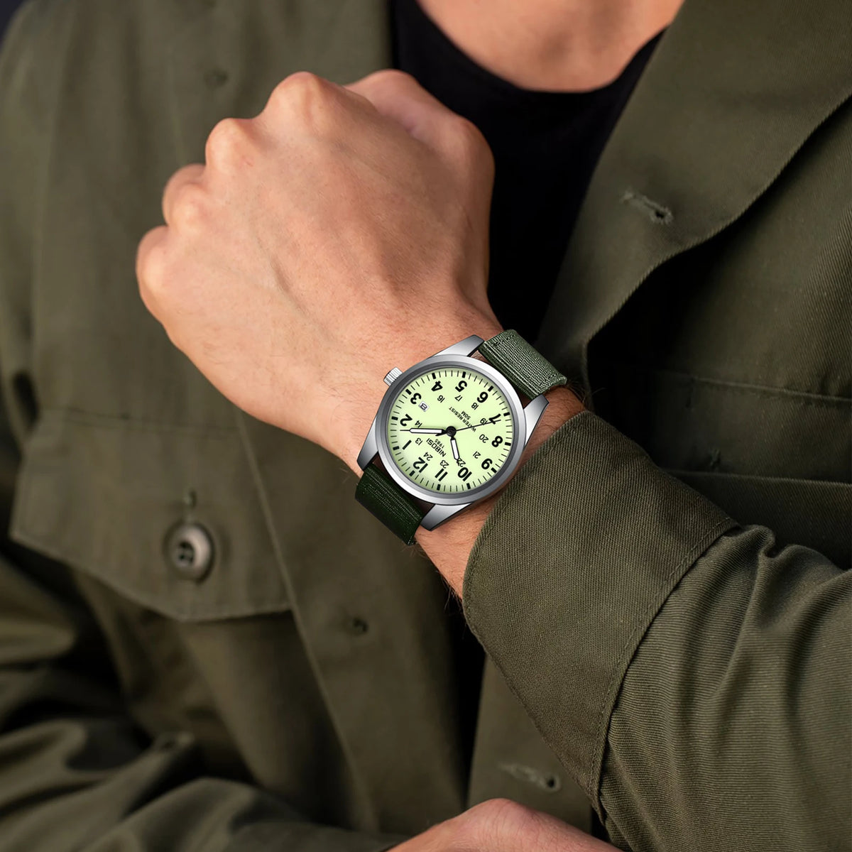 NIBOSI Mens Watches Analog Military Watch with Calendar Luminous Dial Green Nylon Strap Waterproof Men's Wrist Watches Vintage