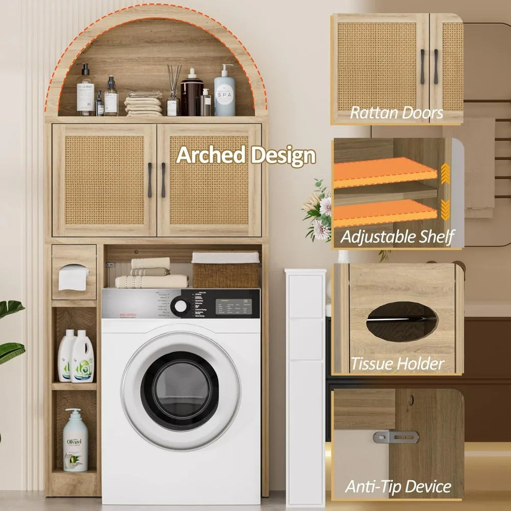 Over The Toilet Storage Cabinet, Bathroom Organizer Over Toilet with Rattan Doors, Arched Storage Organizer Cabinet with Anti-Ti