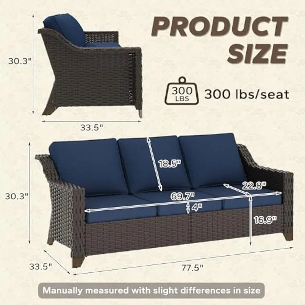 77'' All-Weather Outdoor Rattan Wicker 3-Seat Sofa High Back Couch with Premium Cushions for Garden Backyard Porch Patio Furnitu
