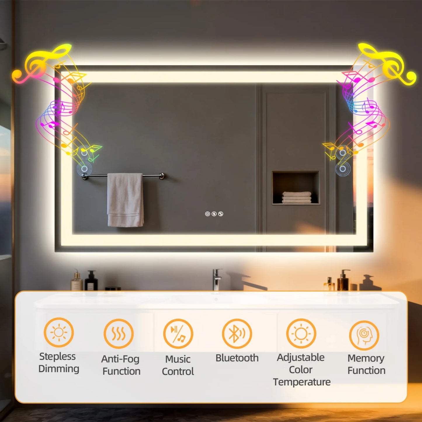 50/60/100/120CM LED Bathroom Mirror with Bluetooth Speaker 3 Colors Dimmable Tempered Glass Waterproof Backlight Vanity Mirror