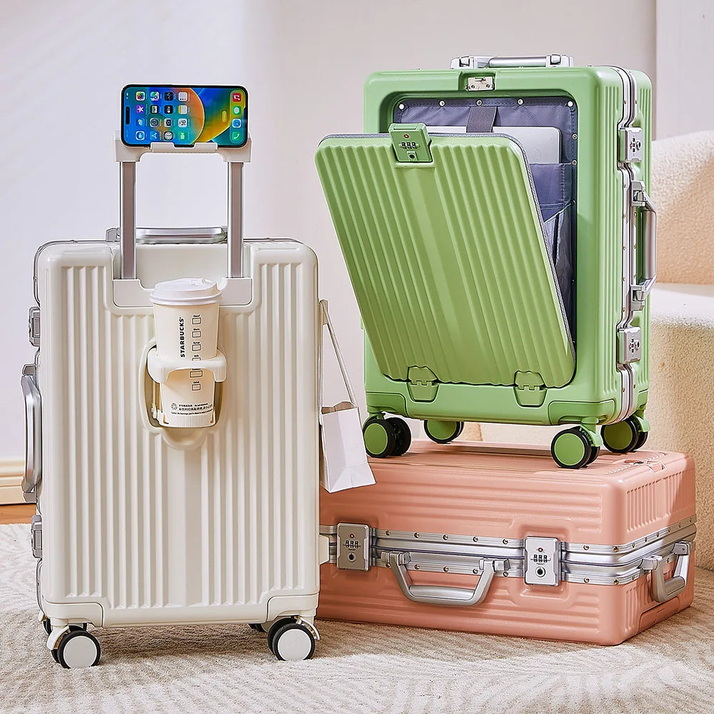 Front Opening Pocket Suitcase with Aluminum Alloy Frame Lock Trolley Bags Travel Rolling Luggage USB Charging Plug Spinner Wheel