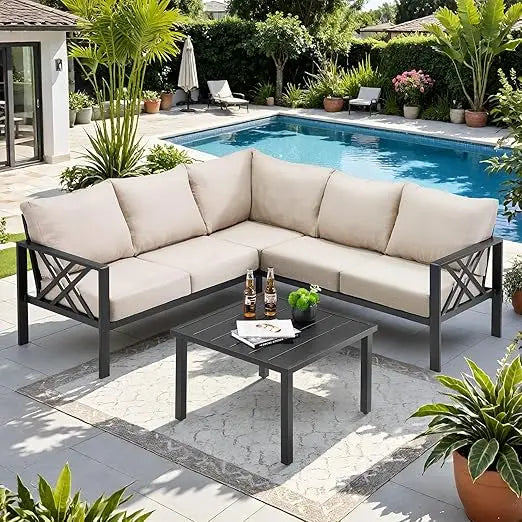 patio furniture set, 6-piece metal sectional furniture sofa with coffee table, l shaped outdoor couch with olefin cushion, highb