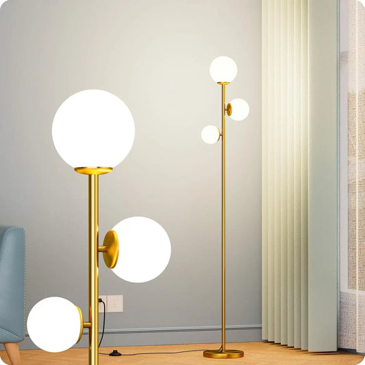 Floor Lamp with 3 Frosted Glass Shades, LED Floor Lamp for Living Room Bedroom Office, Gold with Foot Switch