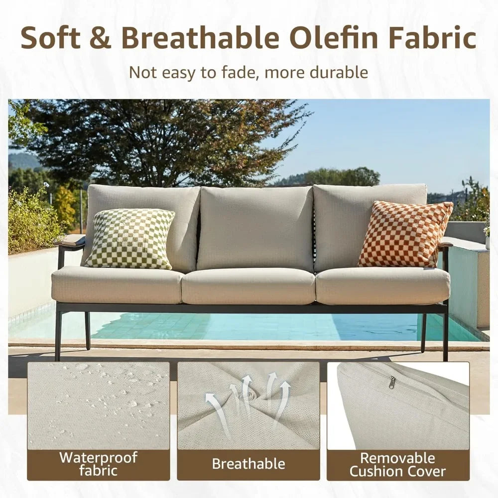 Outdoor Patio Sofa Furniture Metal Chair with Wicker Backrest And 6-Inch Cushion Indoor Front Porch Deck Decorative Garden Bench