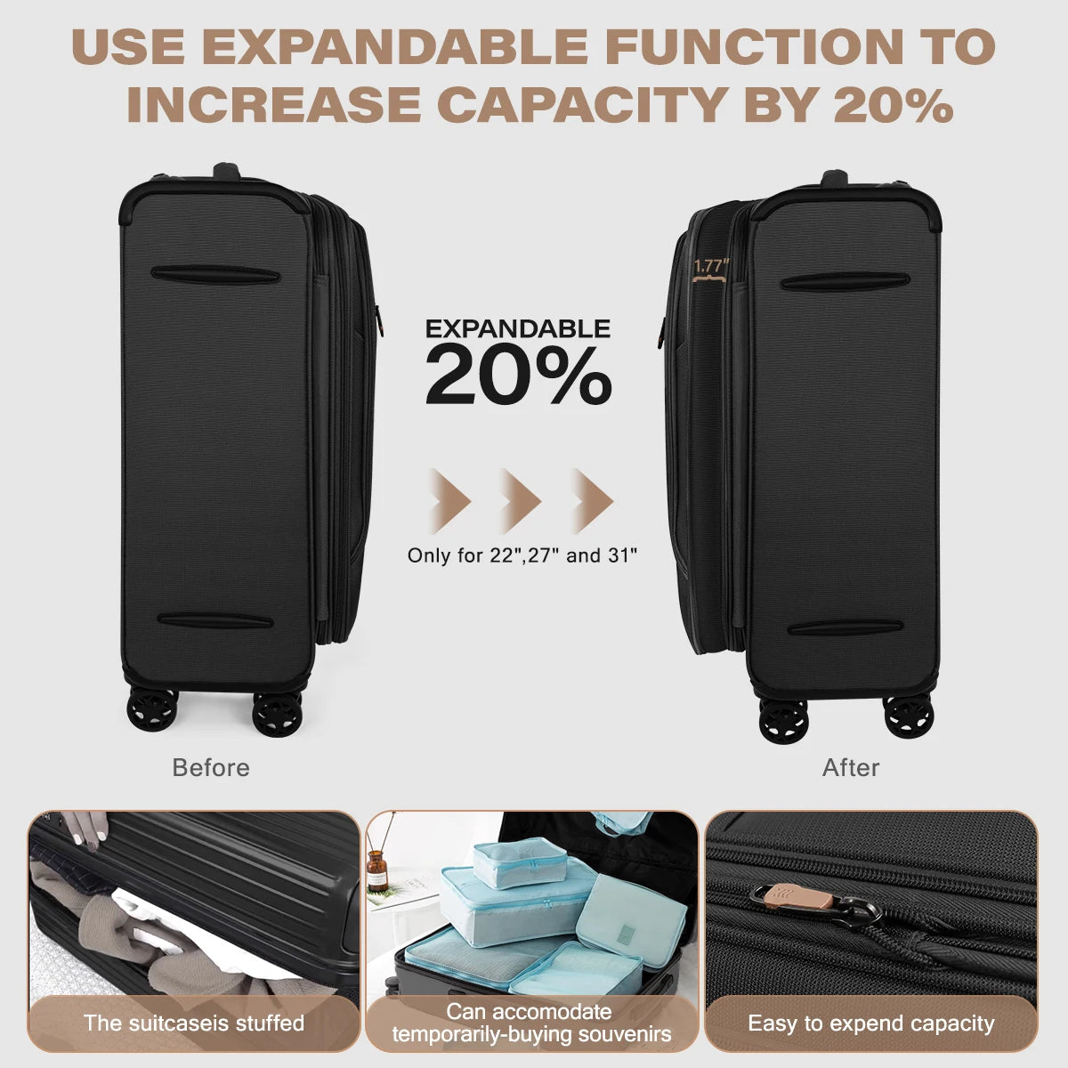 Softside Luggage Expandable 3 Piece Set Suitcase with Spinner Wheels & TSA Lock Softshell Lightweight Luggage Set for Traveling
