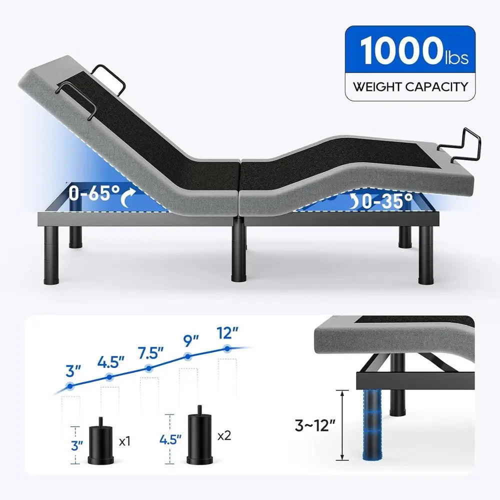 Split King Electric Adjustable Bed Frame with Wireless Remote, 3 Retainer Bars, Anti-Snore, Zero Gravity Features