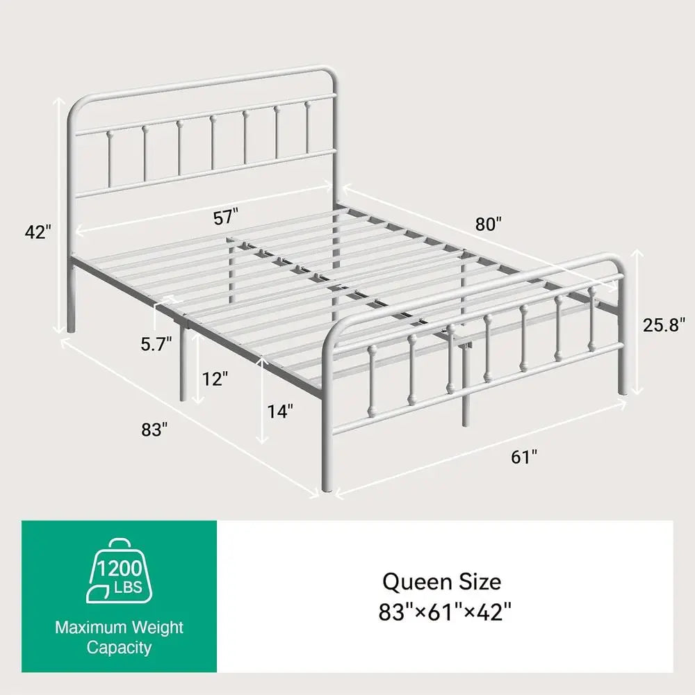 Queen Size Modern Victorian Metal Bed Frame - Sleek Minimalist Style, Headboard/Footboard, Steel Slats, Storage, Easy Assembly,