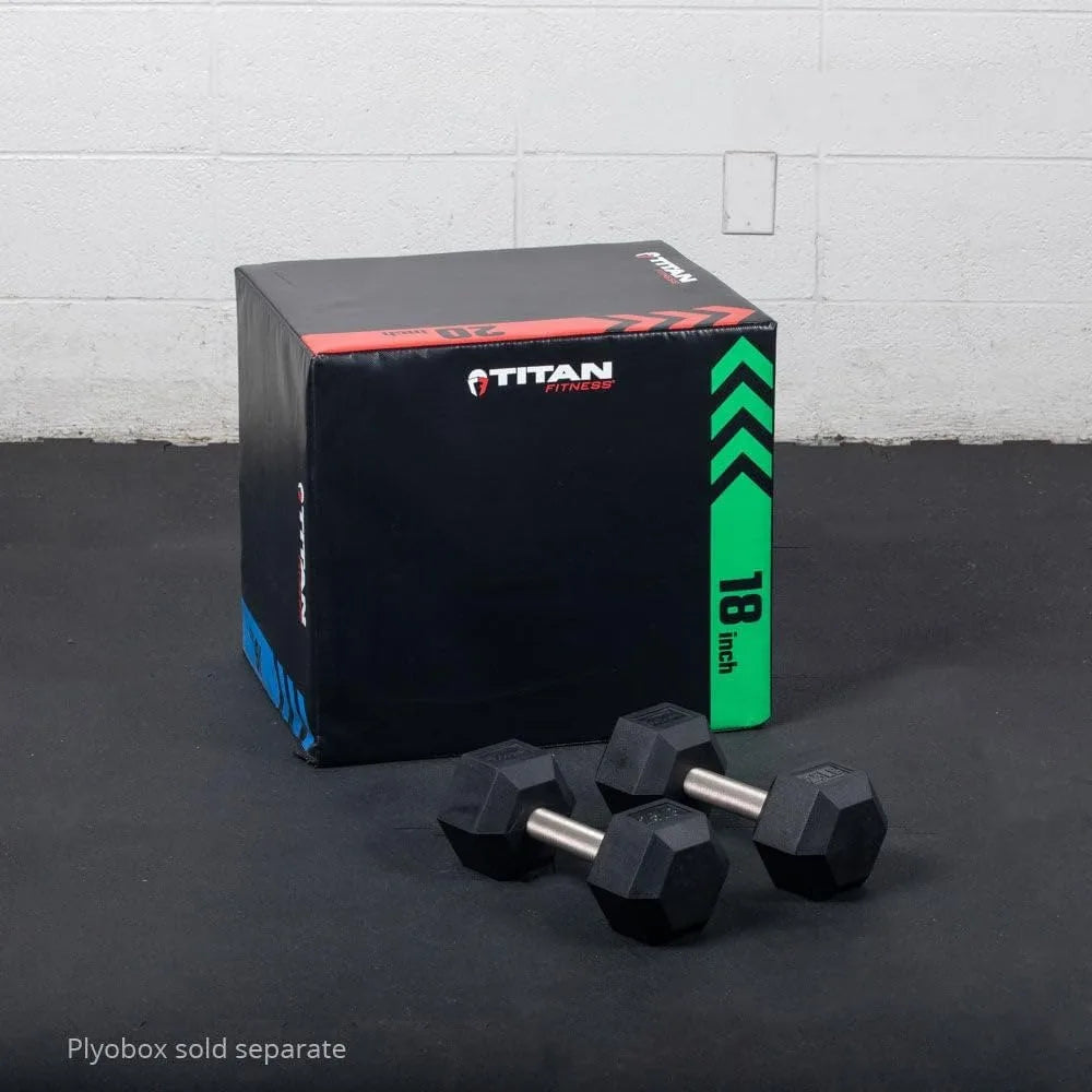 Titan Fitness 25 LB Pair Free Weights, Black Rubber Coated Hex Dumbbell, Straight Stainless Steel Handle, Strength Training, Ful