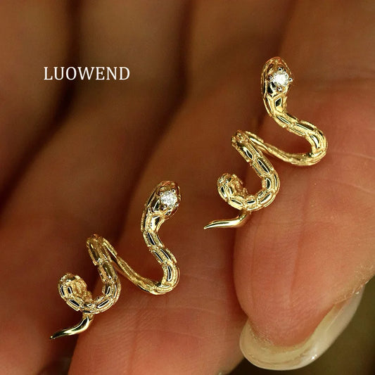 LUOWEND 100% 18K White/Yellow Gold Earrings Fashion Snake Shape Real Natural Diamond Stud Earrings for Women High Party Jewelry