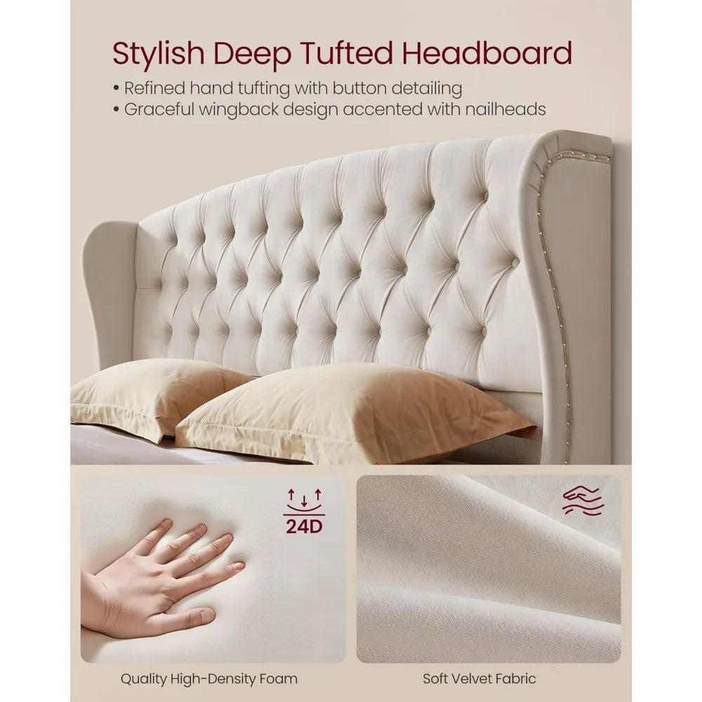 King Size Upholstered Platform Bed Frame with Tall Wingback Tufted Headboard and Footboard