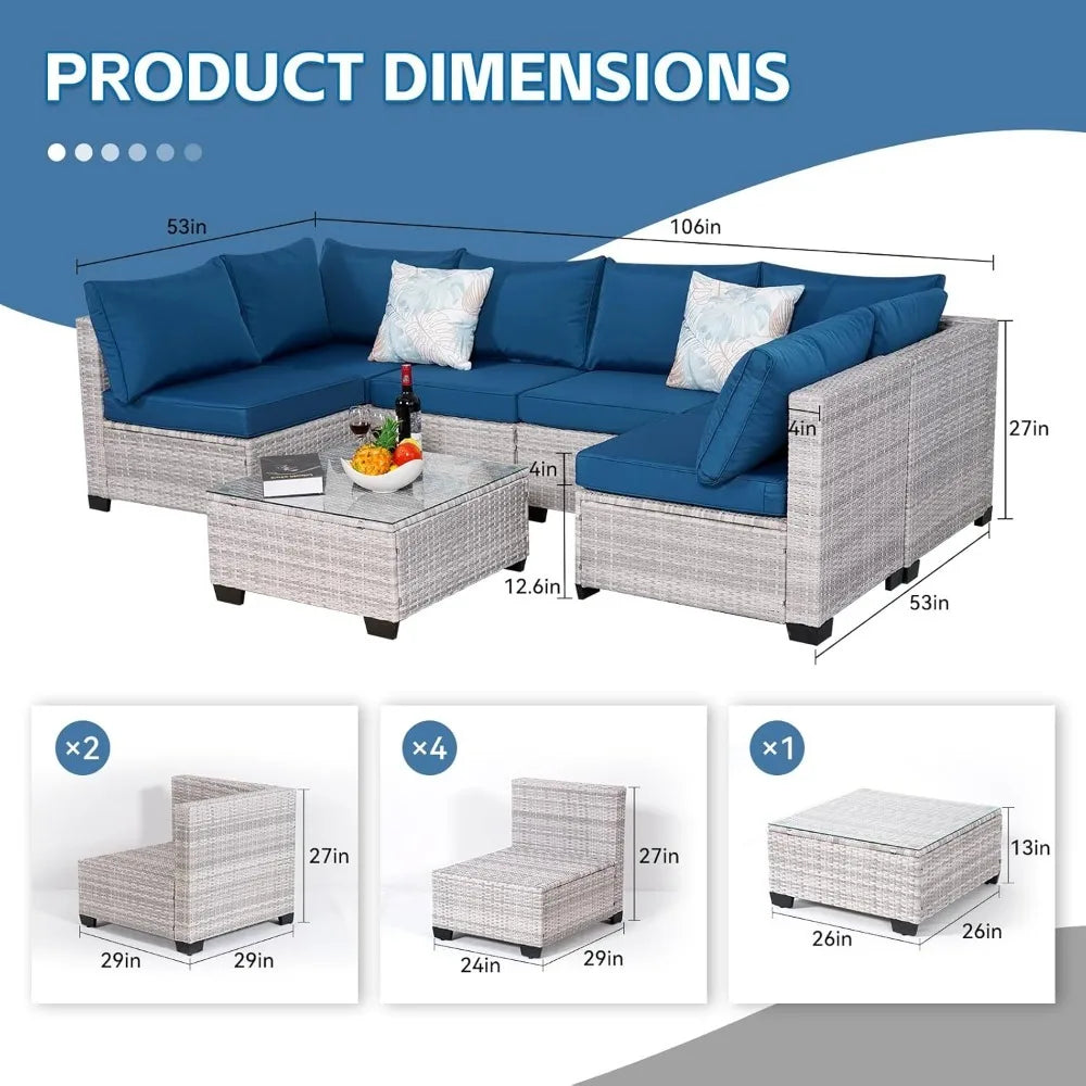 Outdoor Patio Furniture Sets,7-Piece Rattan Conversation Sectional Set,Manual Weaving Wicker Patio Sofa with Tea Table