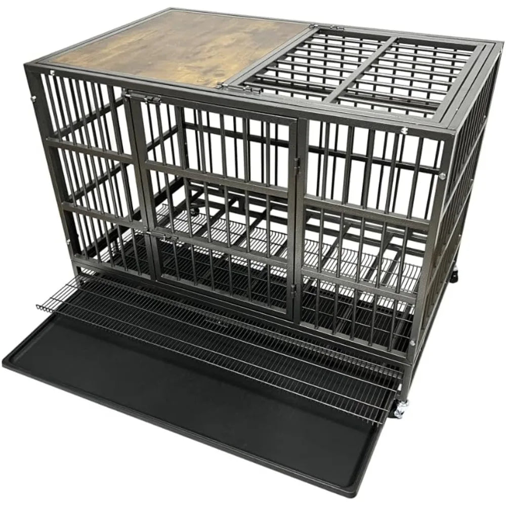 54/48/42/38 inch heavy duty dog crate cage with wheels, indestructible and escape proof steel kennel indoor for high anxiety dog