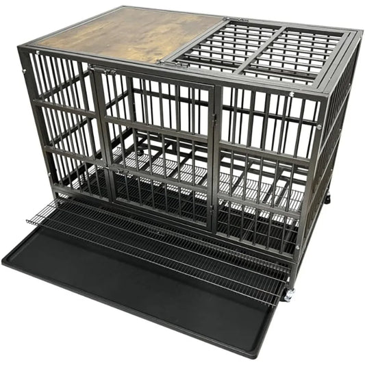 54/48/42/38 inch heavy duty dog crate cage with wheels, indestructible and escape proof steel kennel indoor for high anxiety dog