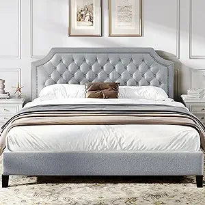 Grey Linen Upholstered Full Size Bed Frame with Adjustable Headboard and 12 Underbed Storage