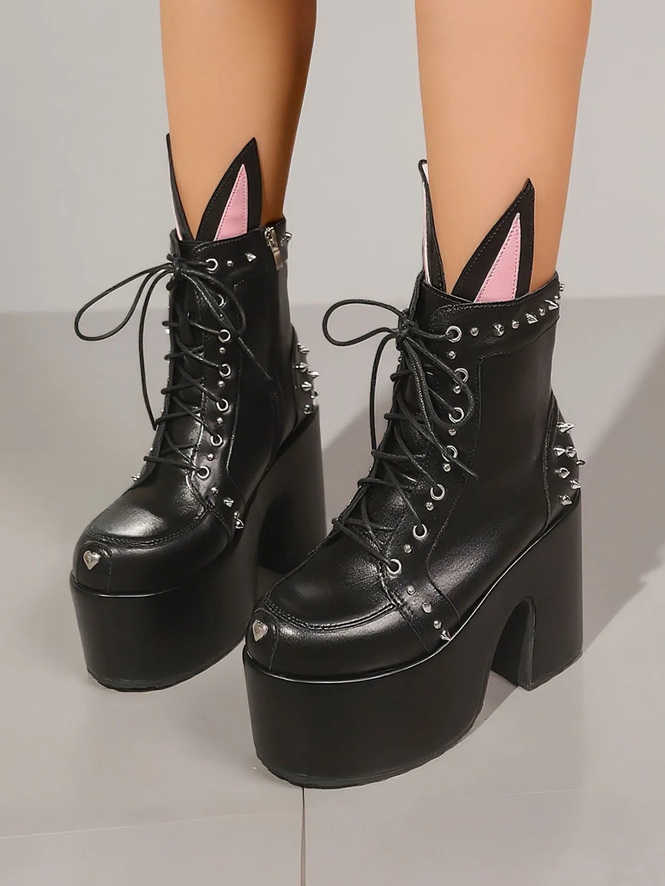 Women's Y2K Goth Ankle Boots Fashion Punk Rivet Buckle Platform Block Chunky High Heels Cute Ear Decoration Street Cosplay Boots