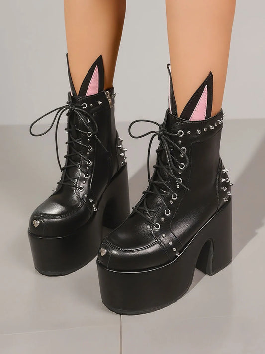 Women's Y2K Goth Ankle Boots Fashion Punk Rivet Buckle Platform Block Chunky High Heels Cute Ear Decoration Street Cosplay Boots