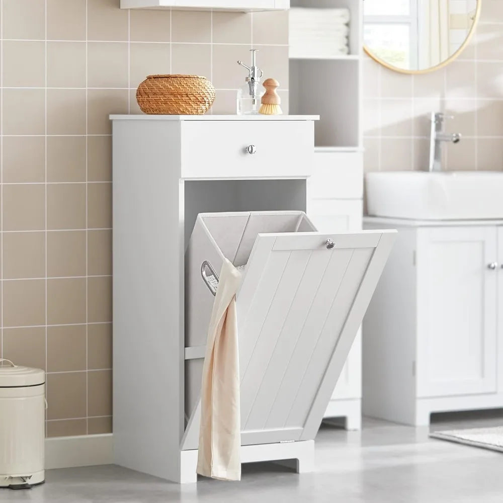 Narrow Space-Saving Tilt-Out Laundry Hamper Cabinet with Pull-Out Bathroom Storage, Shelf & Drawer for Compact Living