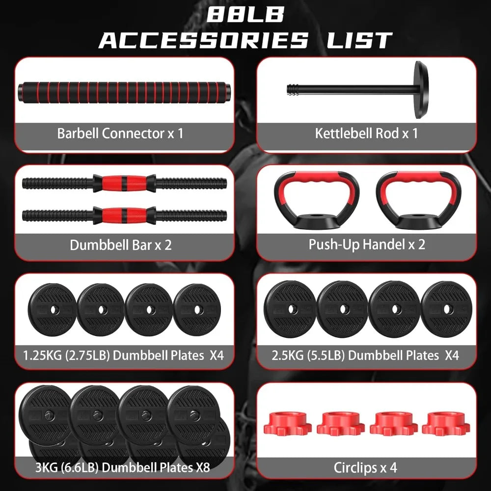 All-in-One 90 Pound Adjustable Weight Set for Home Gym: Dumbbell, Barbell, Kettlebell, and Push-Up Bar in One