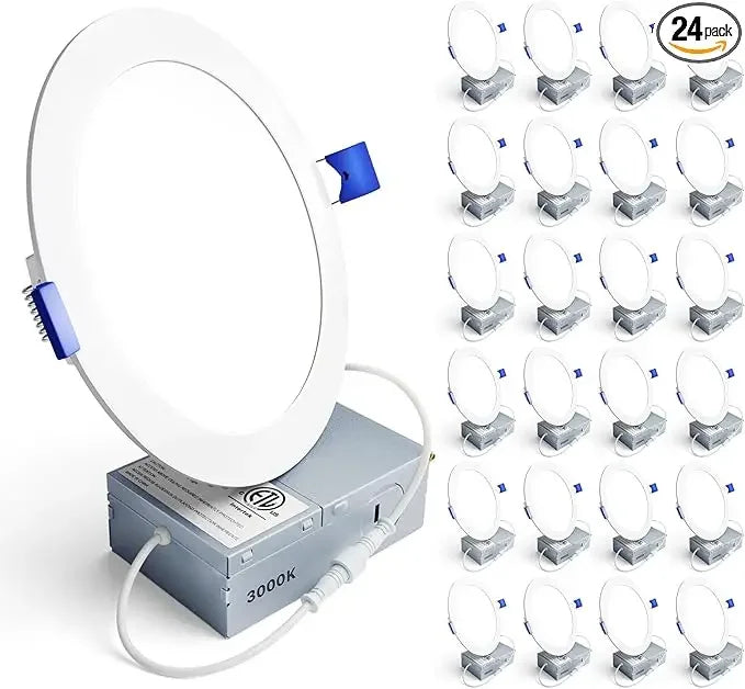 24-Pack 6" Ultra-Slim LED Recessed Ceiling Light with Junction Box, 3000K Warm White Light, 12W 110W Eqv, Dimmable