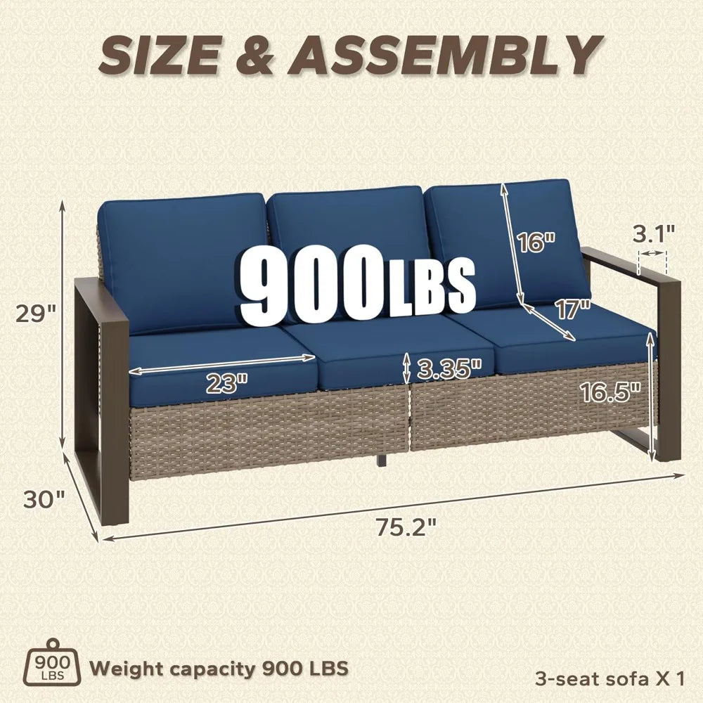 Patio Metal Wicker Sofa, Outdoor Rattan 3-Seat Sofa Couch with Premium Cushions & Rectangular Framed Wood-Looking Metal Armrest