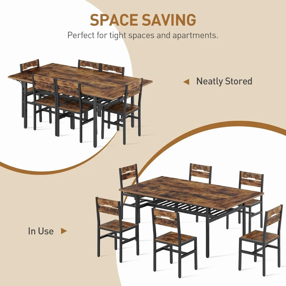 7-Piece Dining Table Set for 4-6, 63 Extendable Kitchen Table and 6 Chairs, Rectangle Dining Room Table Set for 6 with Wine Rack