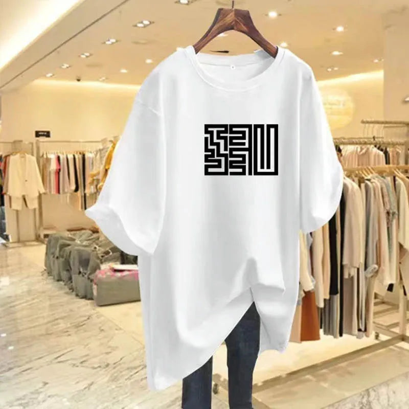 Women's Clothing Fashion All-match Pure Cotton Basic T-shirts Summer Casual Loose Geometric Print Top Tee Office Lady Pullovers