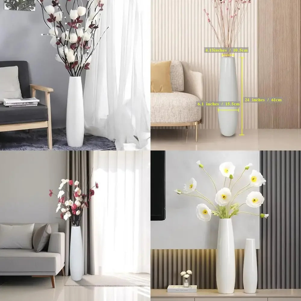 Large Decorative White Ceramic Floor Vase 24 Inches Tall for Flower Arrangements, Table Centerpieces, and Home Living Room Decor