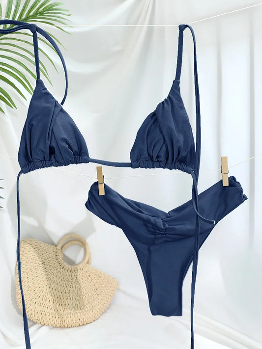 2025 Bikinis Summer Swimwear For Women Biquini Folds Bikini Set Bathing Suit Low Waist Swimsuit String Bikinis Beach Wear