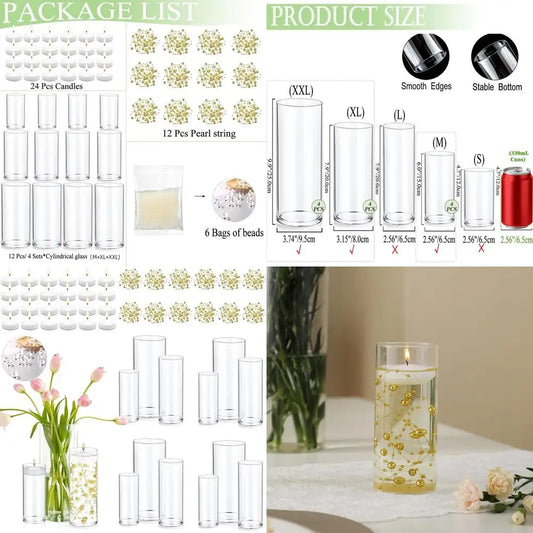 12 Glass Cylinder Vases with Pearl Strings & White Floating Candles for Wedding Party Centerpieces, Home Decor, 5-8 Inch