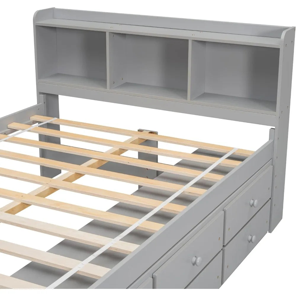Gray Full Size Captain's Bed with Storage and Bookcase Headboard, Bed Frame for Bedroom, No Box Spring Needed