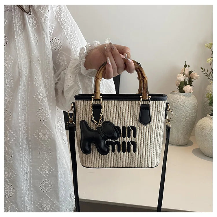 Women's Bag 2025 New Fashion Luxury Personality Versatile Trend Bucket Bag Straw Bamboo Tote Bag Shoulder Bag