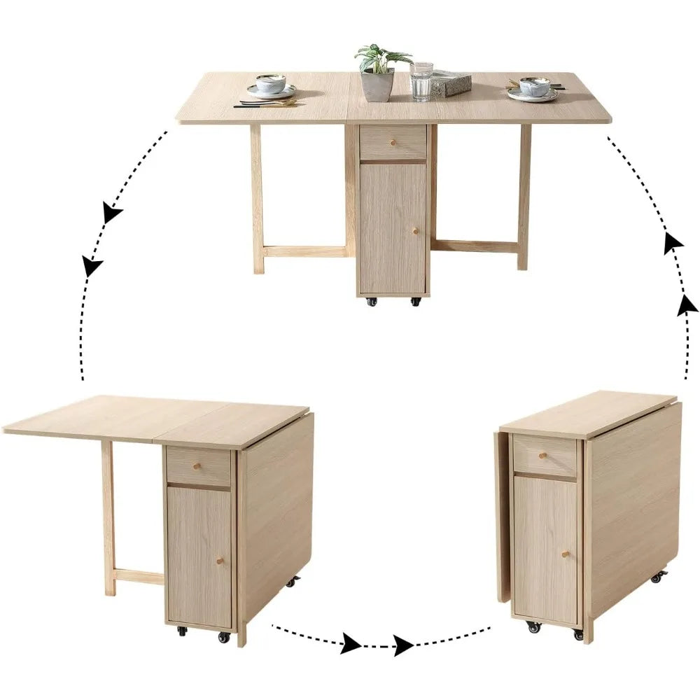 Folding Dining Table with Drop Leaves, Two Drawers, and Four Wheels for Space-Saving in Farmhouse-Style Living and Kitchen Areas