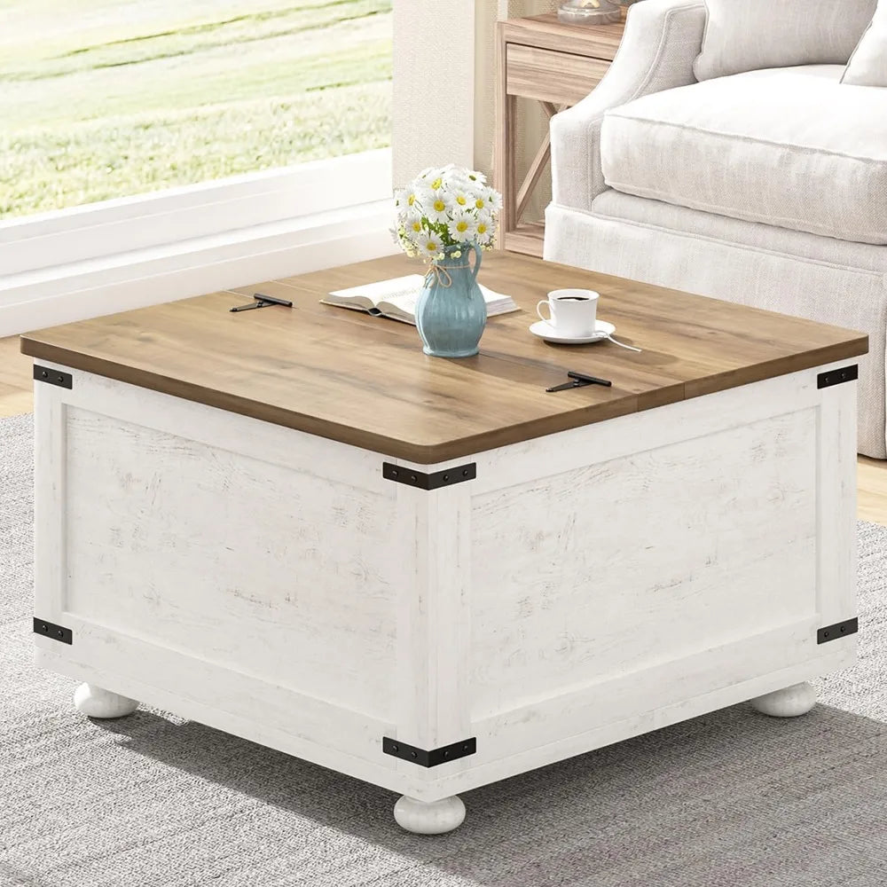 White Farmhouse Coffee Table with Storage, Square Lift Top Coffee Table with Hydraulic and Wood Gourd Feet for Living Room, Whit