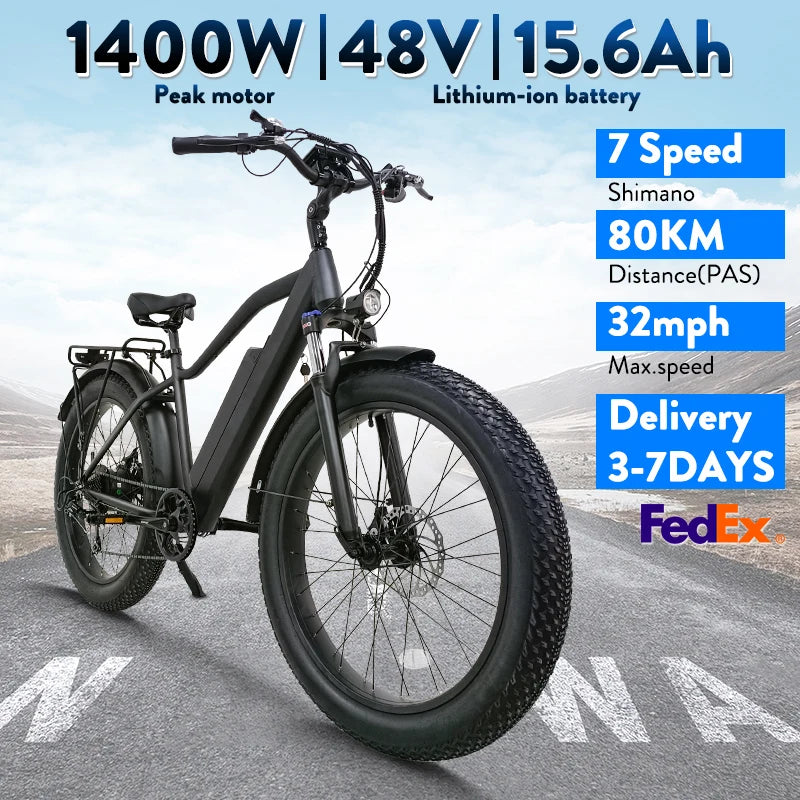 Fat Tire MTB Electric Bike for Adults,48V15.6ah Li-ion long range battery,1400W Peak BLDC motor 26“*4 E mountain bike man women