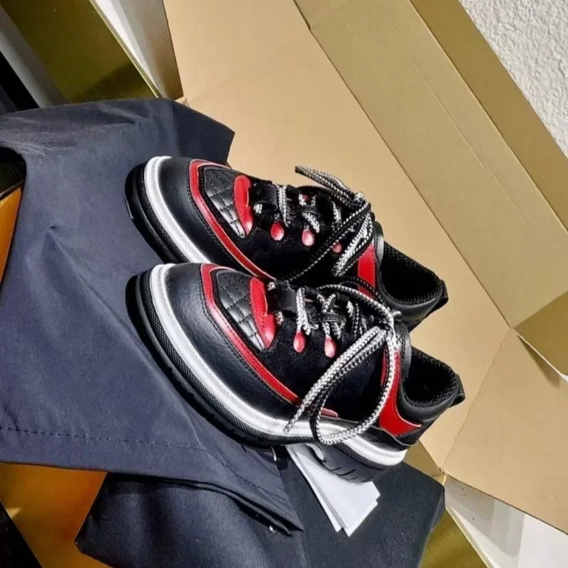 Women's Shoes Round Head Cowhide Color Matching Casual Sports Shoes Diamond Line Lace-up Leather Board Shoes