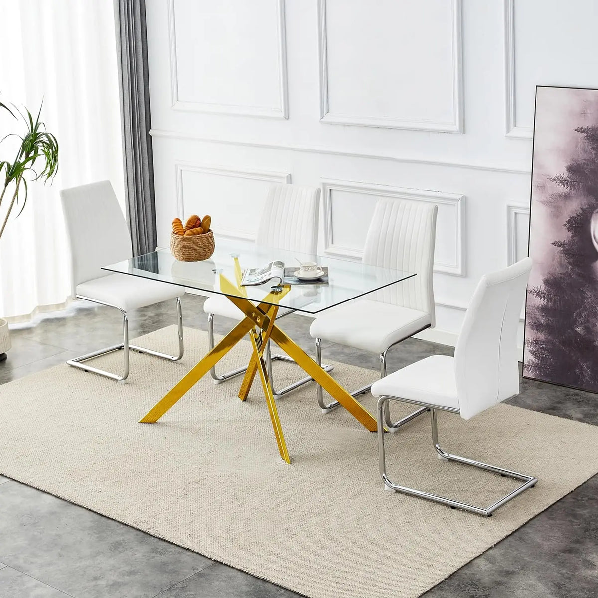51.18' Rectangular Tempered Glass Dining Table with Metal Legs, Golden
