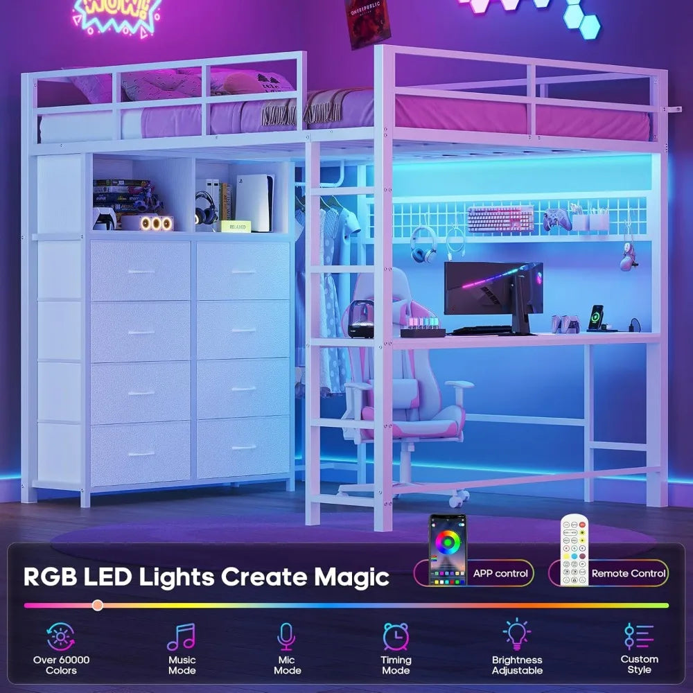 Full Size Loft Bed with Desk, 8 Drawers, LED Lighting, Power Outlet, 2 Shelves, and Clothing Rack