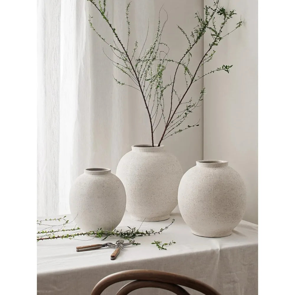 Large 12.5 Inch Round White Ceramic Floor Vase for Centerpieces, Farmhouse Rustic Minimalist Decor, Sandstone White Style
