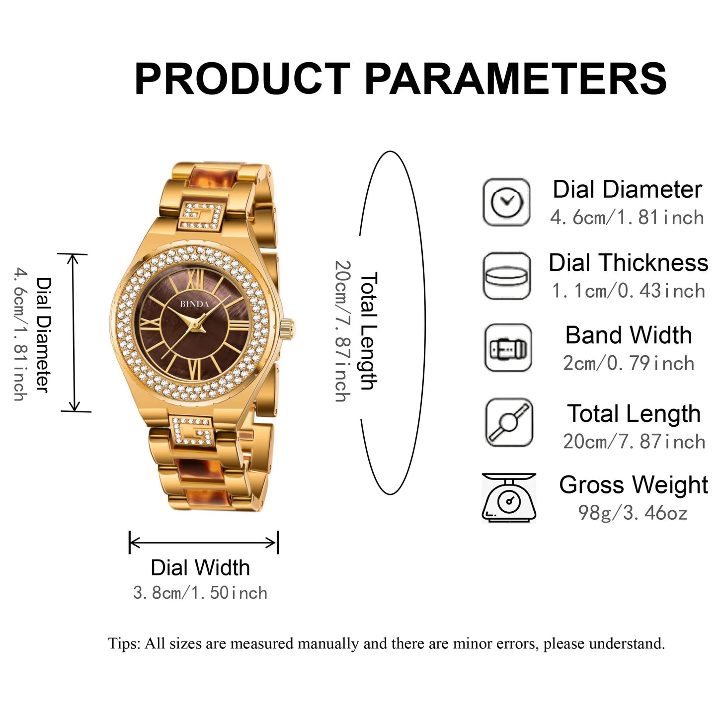 Binda Elegant Women Gold Quartz Watch Amber Accents, Mother-of-Pearl Dial, Roman Numerals, Amber Bracelet, Gift Box